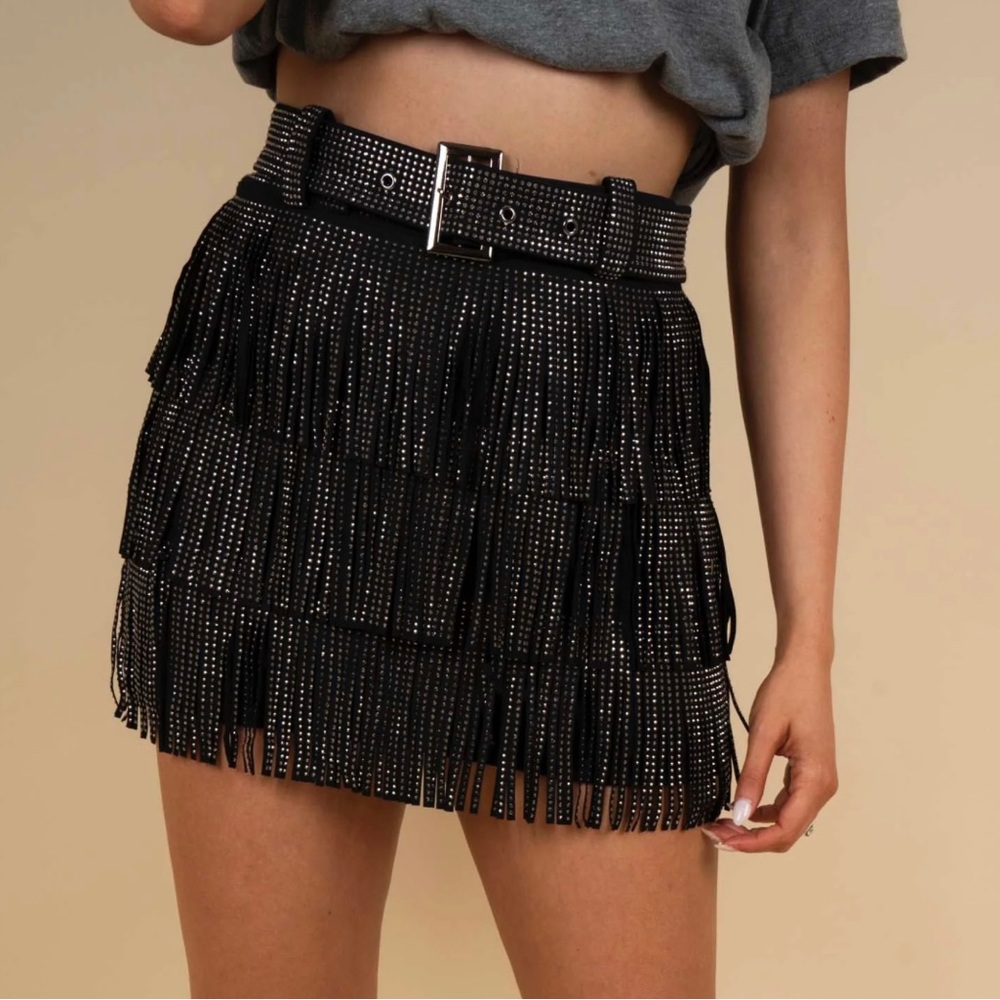 Rhinestone Western Black Fringe Skirt